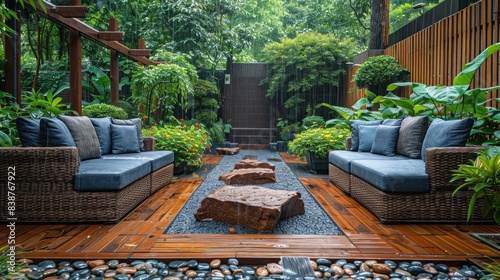 A tranquil garden patio in the rain, with comfortable seating and the sound of raindrops creating a relaxing ambiance