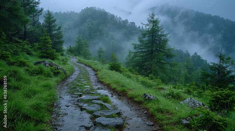 Fototapeta premium A meditative moment on a rain-soaked mountain path, the mist and rain blending together to create a serene landscape