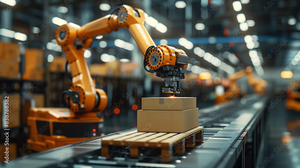 A robotic arm operates on an assembly line, loading boxes onto a pallet. The arm is part of an automated factory system. A robotic arm operates on an assembly line, loading boxes onto a pallet. The arm is part of an automated factory system.