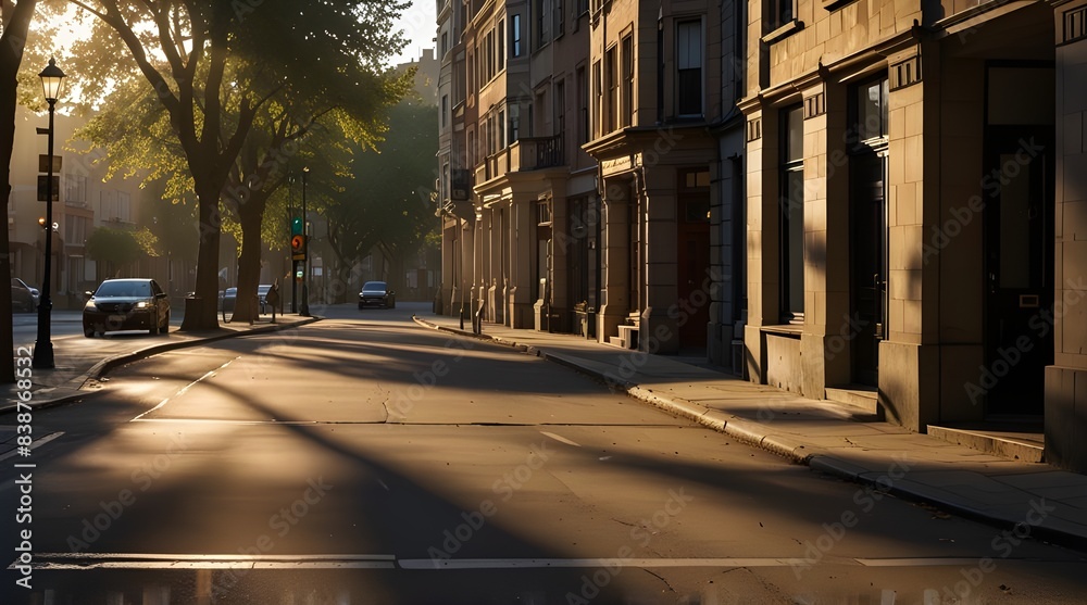 Quiet city street bathed in morning sunlight.generative.ai Quiet city street bathed in morning sunlight.generative.ai