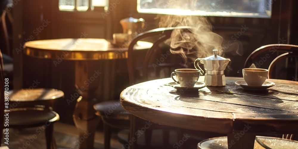Fototapeta premium CafÃ© corner with rustic wooden table, steaming coffee cups, morning light filtering through.