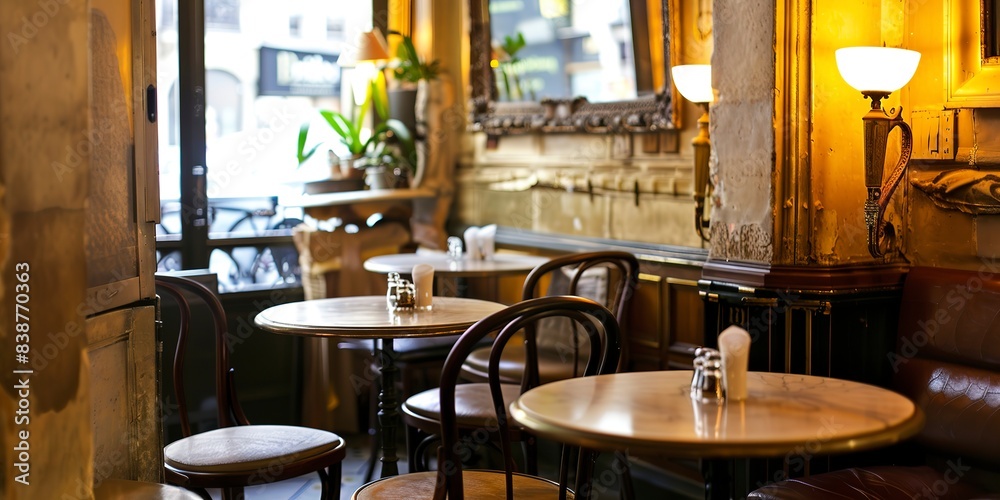 Bistro cafÃ© meeting spot, small round tables, Parisian flair, warm yellow lighting. 