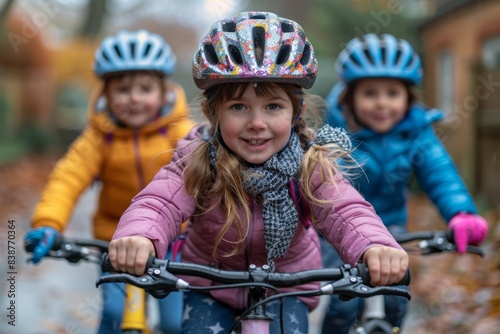 Three children enjoy a bike ride together, pedaling joyfully along a scenic path