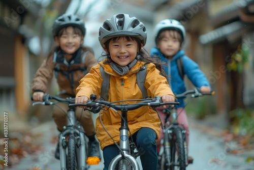 Three children enjoy a bike ride together, pedaling joyfully along a scenic path