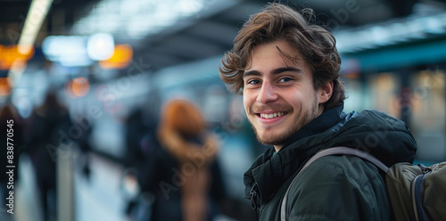 Handsome young man smiling at camera while waiting for train at the railway station, photographed with a Sony Alpha a7 III, with a romantic atmosphere, capturing a candid moment, with a blurred backgr