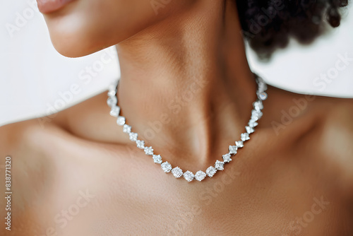 鎖骨が美しい女性がゴージャスなダイヤモンドのネックレスをしている