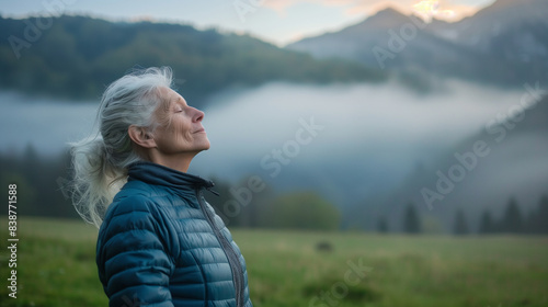 Obraz na płótnie Senior woman enjoying a breathing exercise in a serene natural landscape, surrounded by mountains and fresh air. Promotes peace, mindfulness, and connection with nature. w salonie