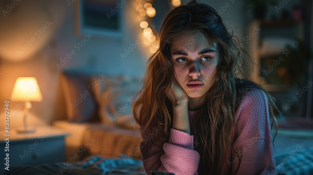 Fototapeta premium Portrait of a young woman sitting sadly waiting for a call in a bedroom, looking at a cell phone, sad face.