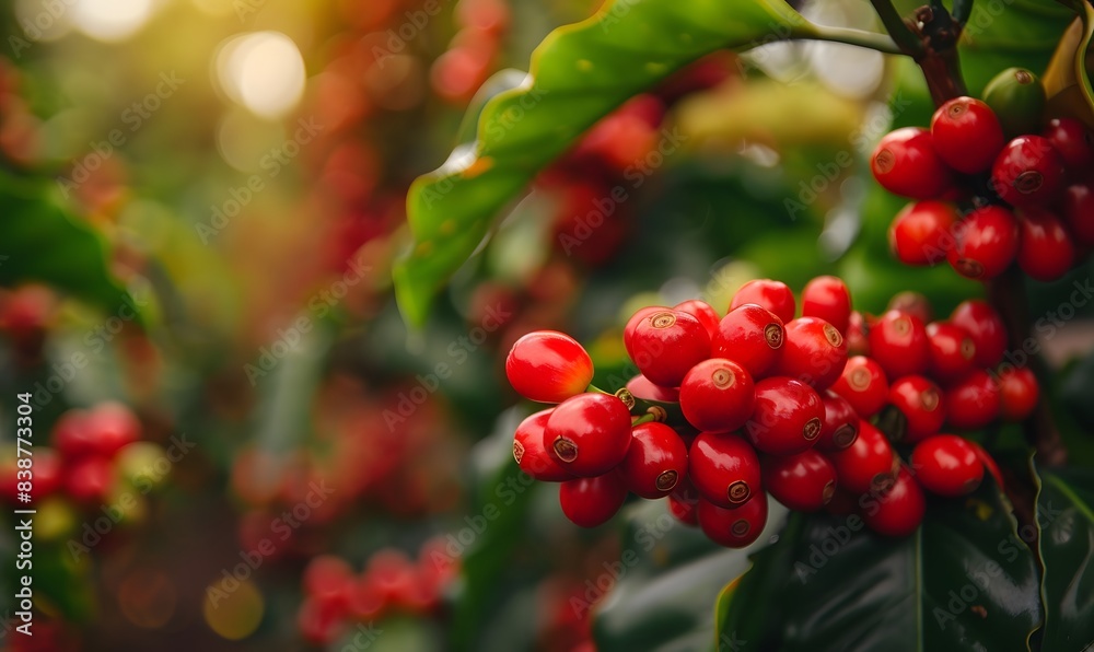 ripe coffee cherries on tree branches, Generative AI ripe coffee cherries on tree branches, Generative AI