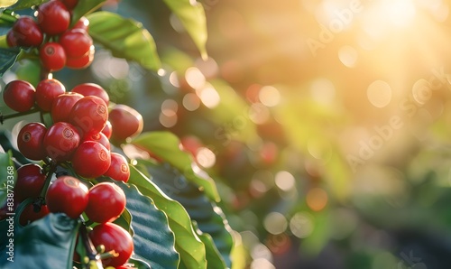 ripe coffee cherries on tree branches, Generative AI