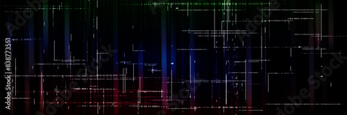 Computer screen glitch effect. Vector realistic illustration of black background with abstract noise texture, red and blue pattern on retro vhs backdrop, broken 90s tv, distorted video tape image
