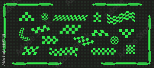 Cyber geometry checker form rave aesthetic set, geometric trendy groovy checkerboard icon, space trippy 90s check element vector, psychedelic y2k figure collection, modern techno acid shape design,