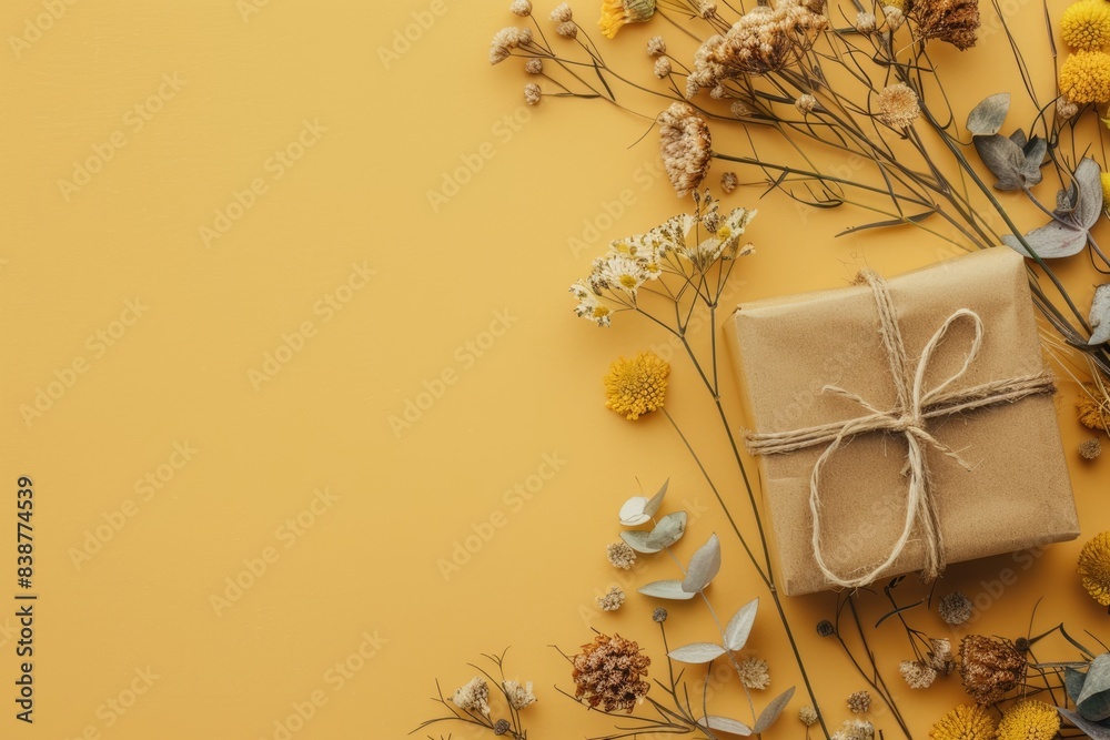 Artistic flat lay with gift box and dried flowers, ideal for text placement with copy space Artistic flat lay with gift box and dried flowers, ideal for text placement with copy space