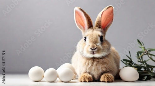 closeup rabbit and easter eggs on white background © Iqbal