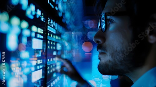 Male financial analyst examining stock ticker display