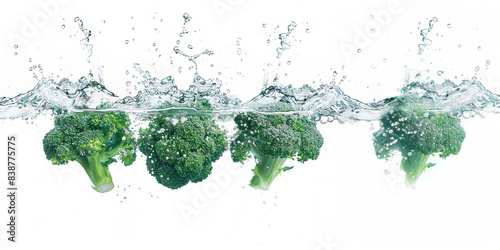 Fresh green broccoli in water isolated on white background. Healthy vegan food. Banner