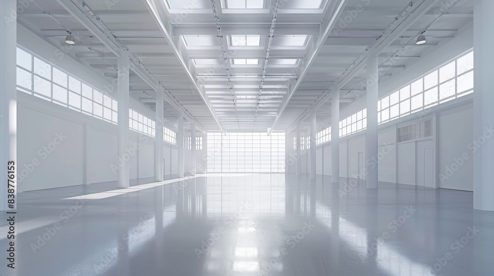 Minimalist white warehouse interior with an expansive, empty space and a pure white background, ideal for various setups Minimalist white warehouse interior with an expansive, empty space and a pure white background, ideal for various setups