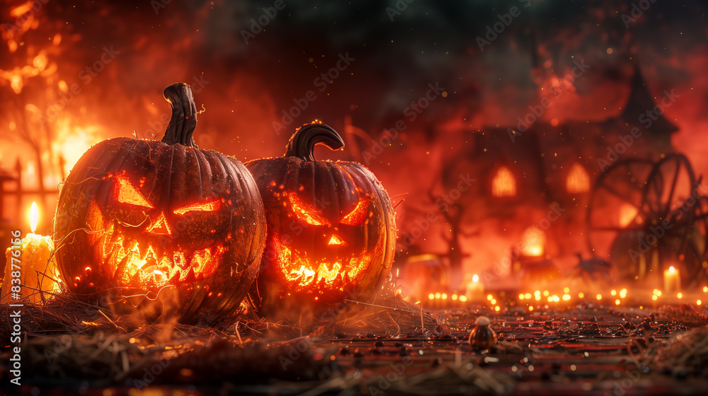 Fototapeta premium Close up of spooky pumpkin with candles on a rustic wooden table, surrounded by autumn leaves and fog.