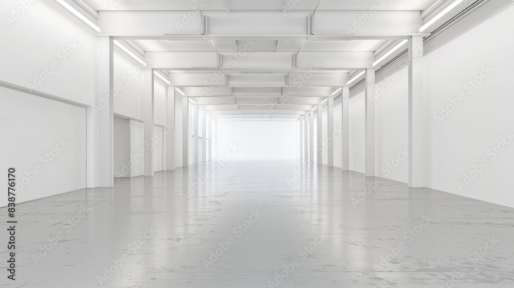 Obraz premium Minimalist white warehouse interior with an expansive, empty space and a pure white background, ideal for various setups