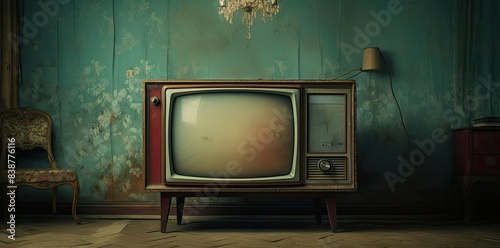 tv screen textured with paint on a green wall, accompanied by a brown wooden chair and a white paper, with a wood leg in the foreground