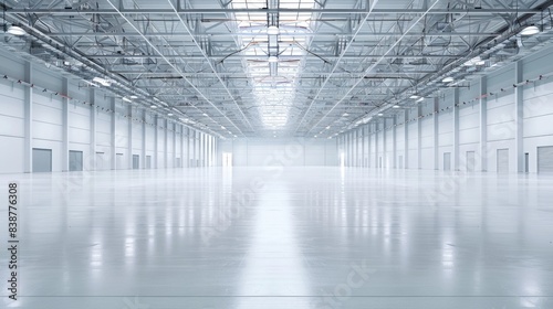 Minimalist white warehouse interior with an expansive, empty space and a pure white background, ideal for various setups photo