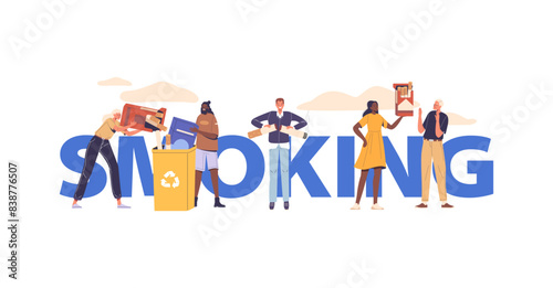 Anti-smoking Poster Concept Showcasing Diverse Group Of People Discarding Smoking Habit, Vector Banner Or Flyer
