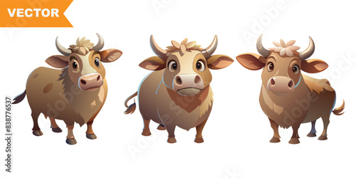 Three vector illustrations of a cute cow in different poses. The cows are depicted in a friendly and approachable style, suitable for educational materials, children’s books, or farm-themed designs