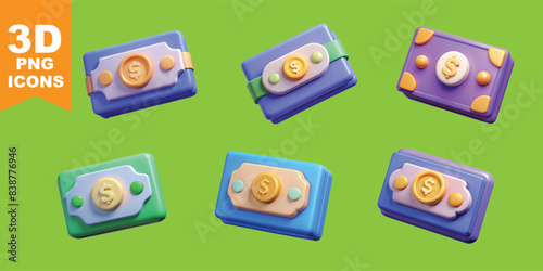 A set of 3D icons resembling colorful stacks of money or wallets. Each icon has a unique combination of colors and designs, making them visually appealing and versatile for various financial-themed 