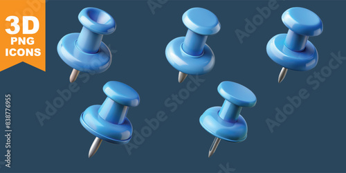 A set of blue 3D pushpins, illustrated in a realistic style. The pushpins are shown from various angles, highlighting their detailed design and practical use for pinning notes or papers