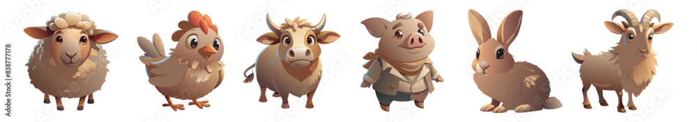 A group of six adorable farm animals illustrated in a cute, cartoon style. The set includes a sheep, chicken, cow, pig, rabbit, and goat, each with friendly and playful expressions A group of six adorable farm animals illustrated in a cute, cartoon style. The set includes a sheep, chicken, cow, pig, rabbit, and goat, each with friendly and playful expressions