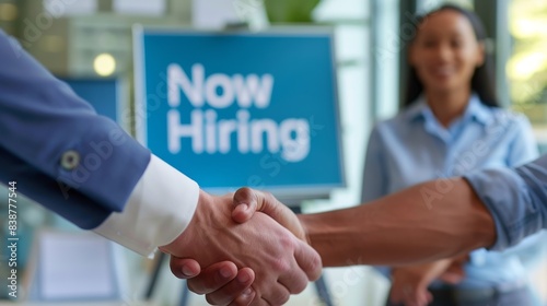 Job Interview Handshake with Now Hiring Sign.