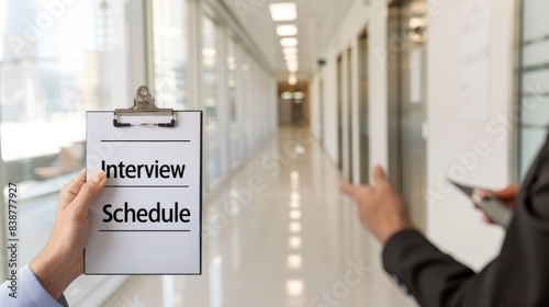 Person Holding Interview Schedule Clipboard in Office Hallway.
