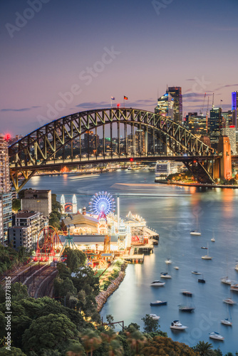 Skyline at dusk with Harbour bridge, Sydney, New South Wales, Australia
