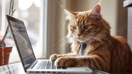 Well Dressed Feline Deeply Engaged in Digital Work on Laptop in Airy Workspace © LookChin AI