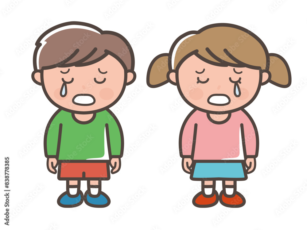 悲しくて泣く男の子と女の子の全身イラスト（小学生、幼児、子供）