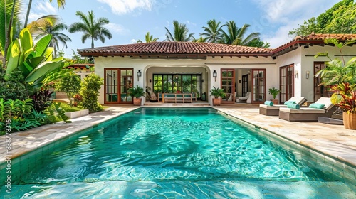 Luxury tropical villa with a spacious swimming pool, surrounded by lush greenery and palm trees, creating a serene and relaxing atmosphere.