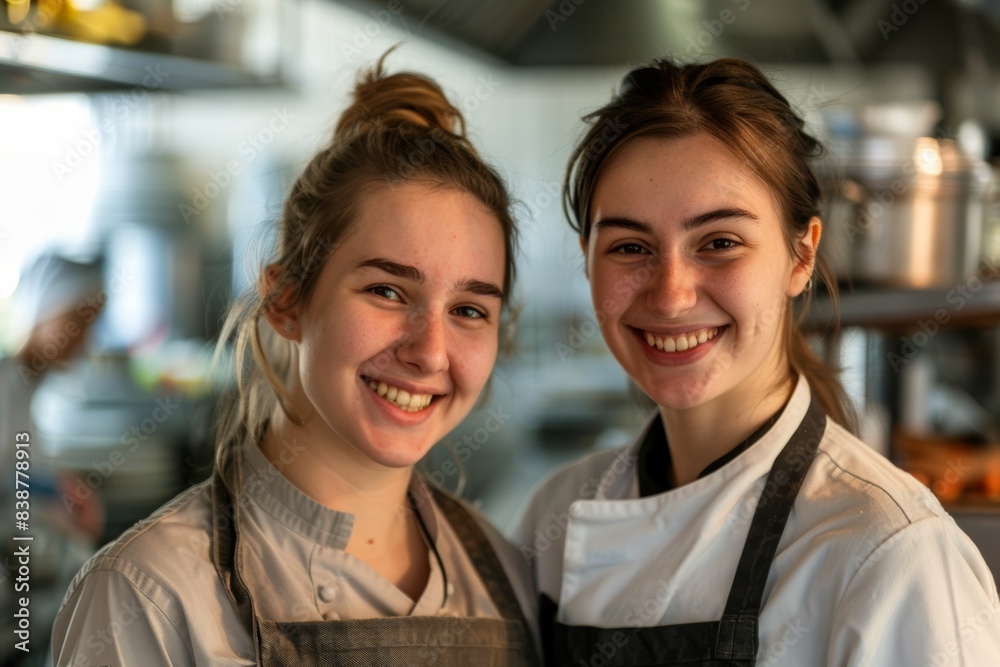 Two radiant female chefs, brimming with joy, pose together for a photoshoot in their bustling restaurant kitchen, capturing the essence of their culinary business.