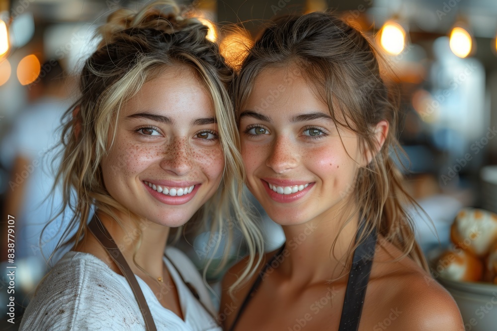 Two radiant female chefs, brimming with joy, pose together for a photoshoot in their bustling restaurant kitchen, capturing the essence of their culinary business. Two radiant female chefs, brimming with joy, pose together for a photoshoot in their bustling restaurant kitchen, capturing the essence of their culinary business.