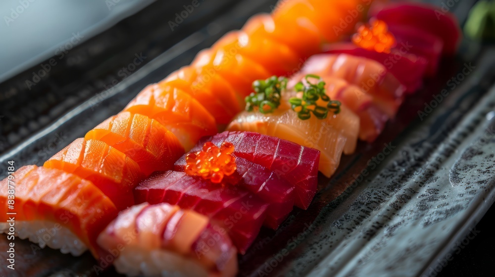 Assorted Sushi Platter On A Dark Serving Plate