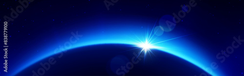 Bright light on dark planet horizon. Vector realistic illustration of blue space galaxy with starry night sky, sun shining behind earth, cosmos exploration game background, science fiction backdrop