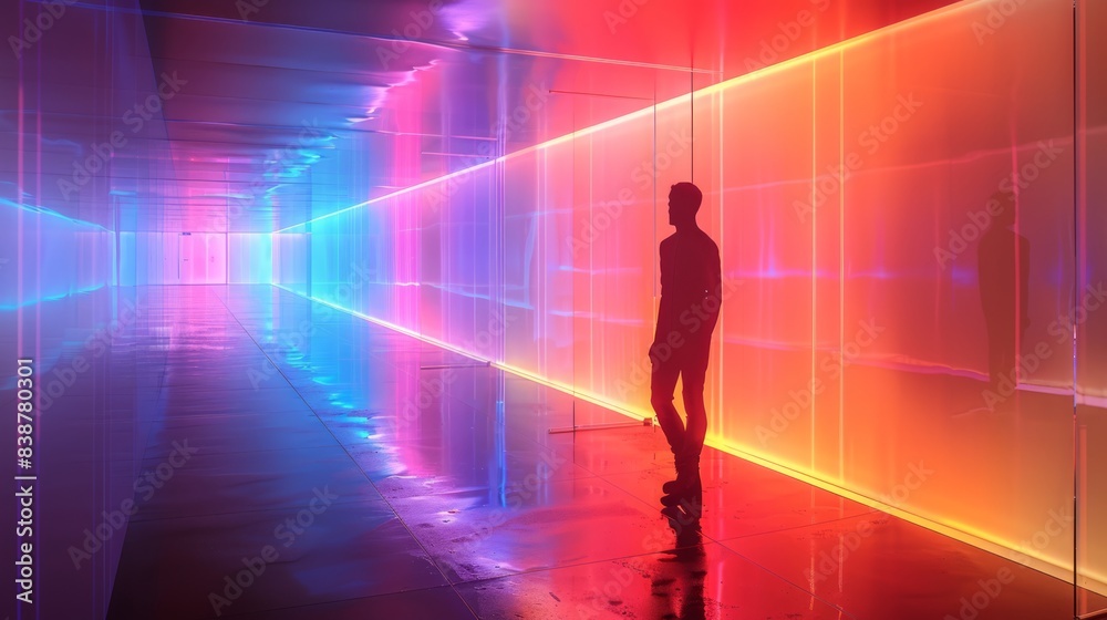 Person walking through a neon-lit hallway Person walking through a neon-lit hallway
