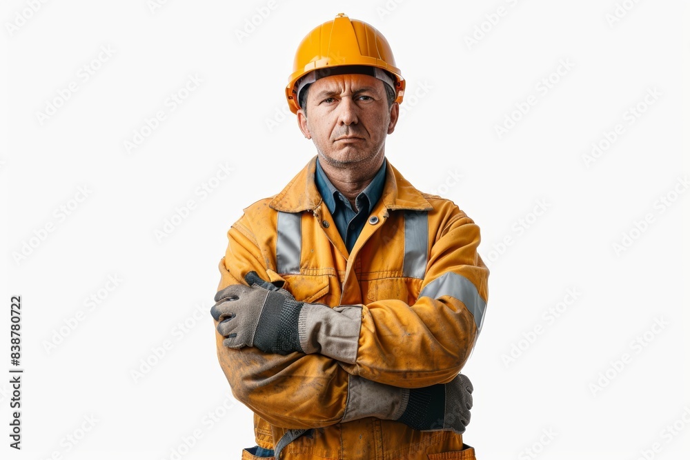A close-up portrait captures the smiling face of a Caucasian construction worker against a plain white background. A close-up portrait captures the smiling face of a Caucasian construction worker against a plain white background.
