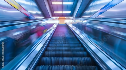 Blurred background of a metro escalator with light blue backdrop
