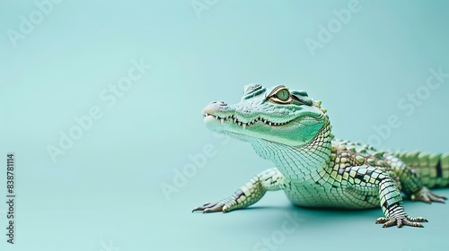 A beautiful green crocodile on a blue background. The crocodile is looking to the right of the frame.