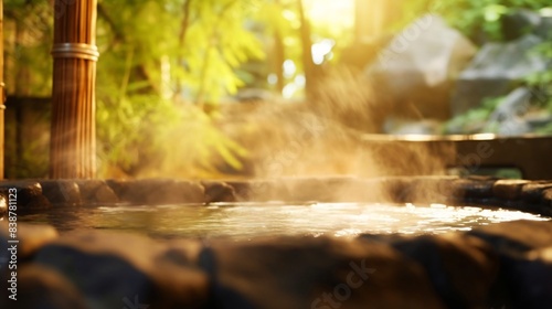 和室旅館の露天風呂のアップ、温泉・お風呂の風景