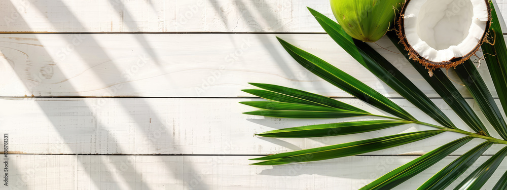 Top view of beautiful summer holiday background with palm leaf and coconut on white wood panels. Summer concept banner design with copy space Top view of beautiful summer holiday background with palm leaf and coconut on white wood panels. Summer concept banner design with copy space