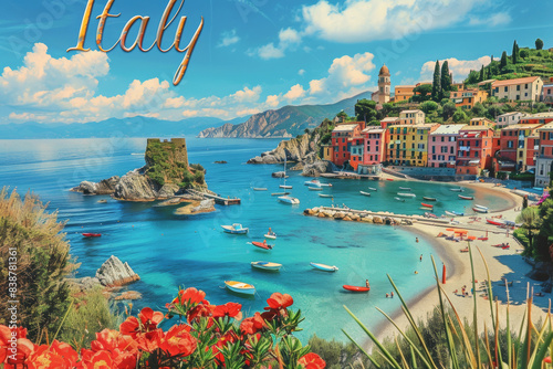 Italy cityscape, town and beach, in the style of graphic design-inspired illustrations, travel poster