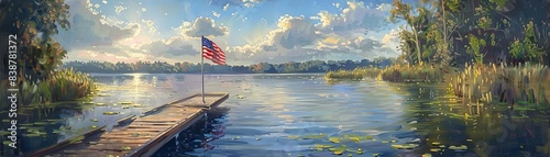 A serene lake scene with an American flag flying from a dock, Pastoral, Gentle Colors, Oil Painting