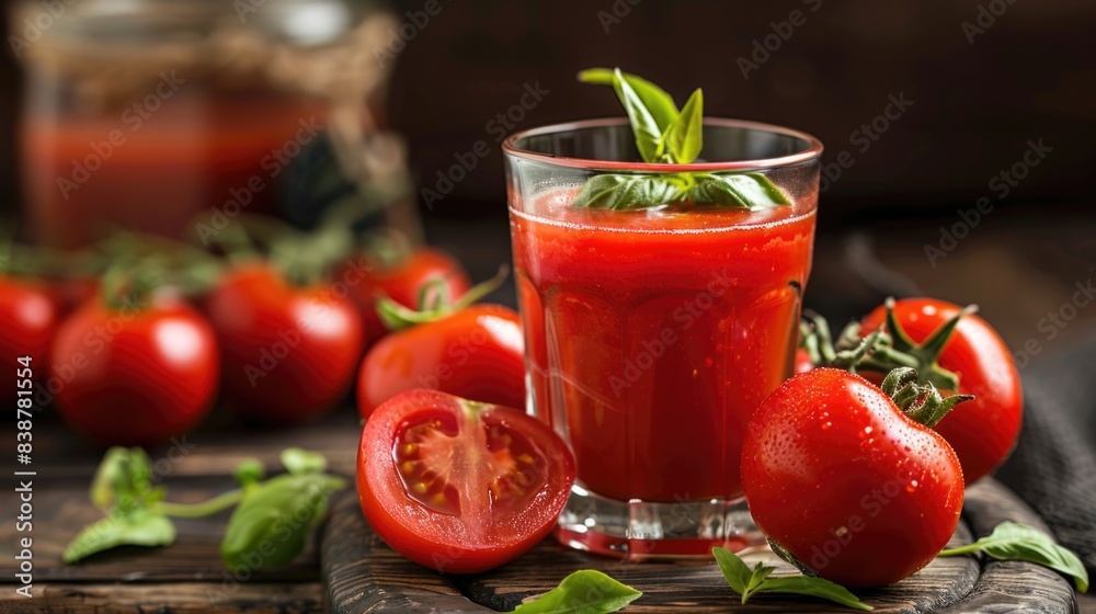 Tomato juice in a glass and ripe tomatoes. Tomato juice in a glass and ripe tomatoes.