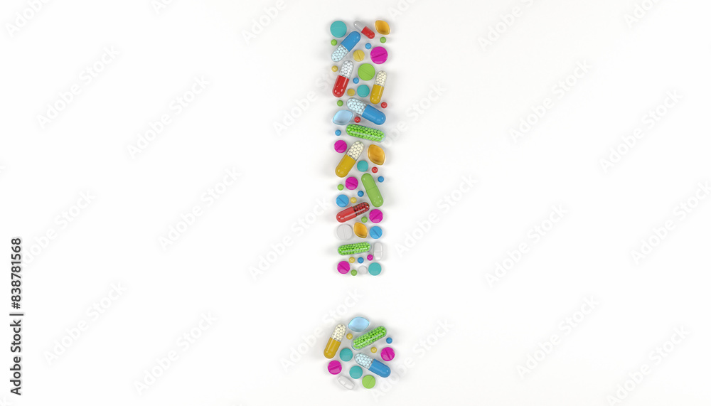 3d render of many colorful medicines and pills in the shape of a exclamation mark on a white background - health care concept. 3d render of many colorful medicines and pills in the shape of a exclamation mark on a white background - health care concept.
